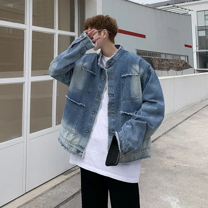 Jaket Denim Raw Edge Hip Pop R - Mens Fashion Denim Jacket ulasan dan harga