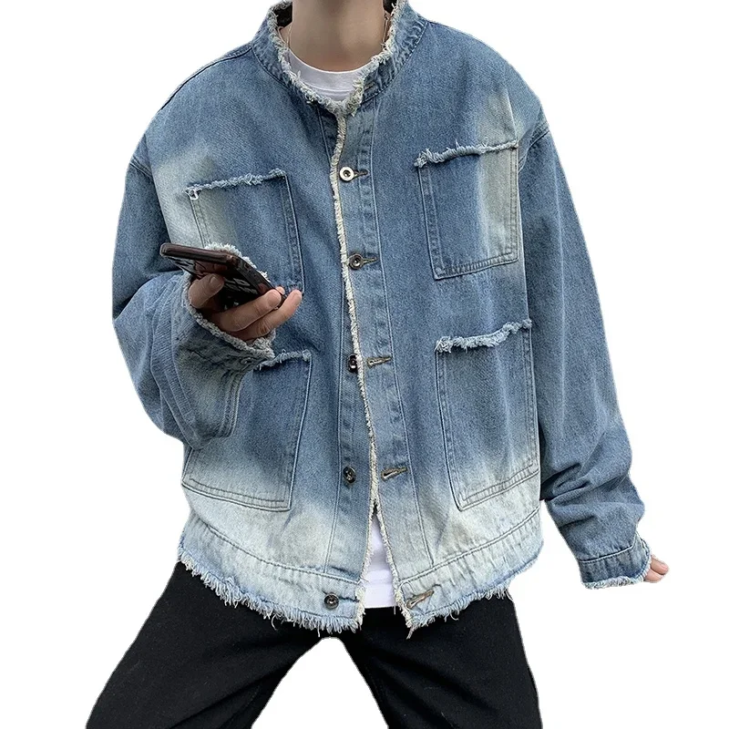 Jaket Denim Raw Edge Hip Pop R - Mens Fashion Denim Jacket ulasan dan harga